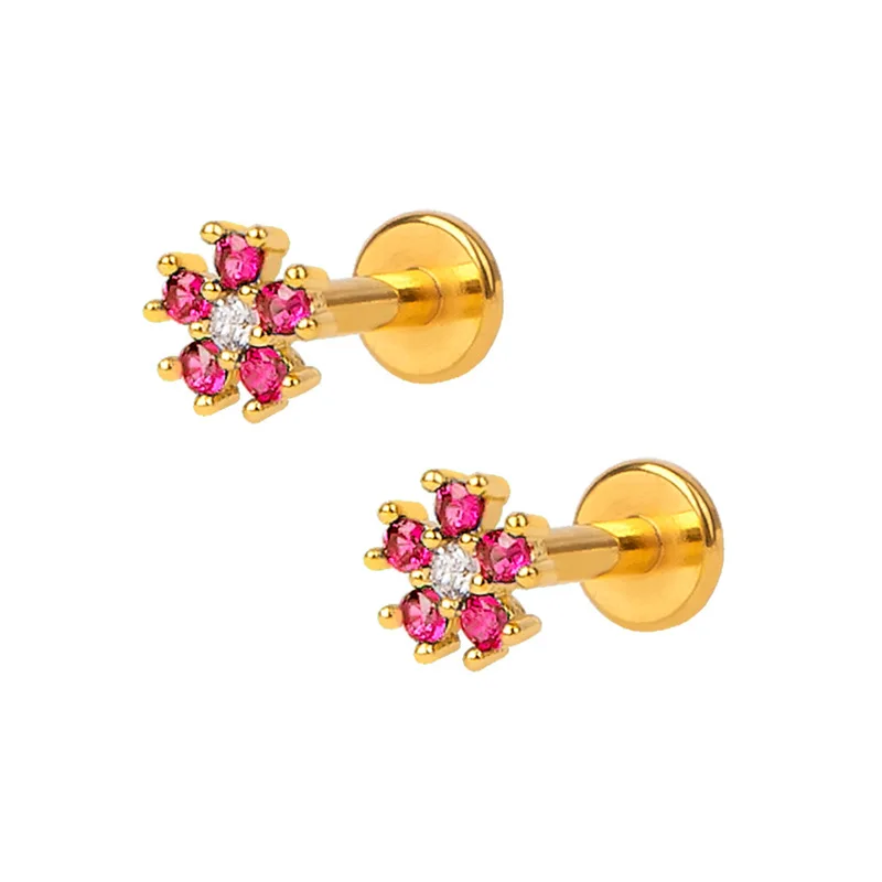 Tiny Stud 14K 18K Pure Gold Solid Flower Shape Ear Piercing Studs White Topaz Earrings Piercing Jewellery /