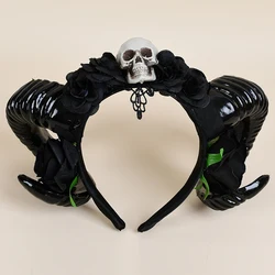 Skull Black Flower Studded Devil Horn Ram Demon Goat Claw Costume Fashion Headband Antlers Cosplay Female Sheep Headdress Gothic