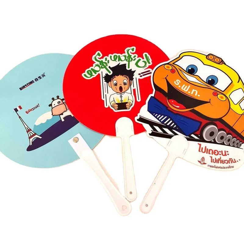 Factory promotional custom cheap high quality plastic hand fan cartoon logo long handle pp fan