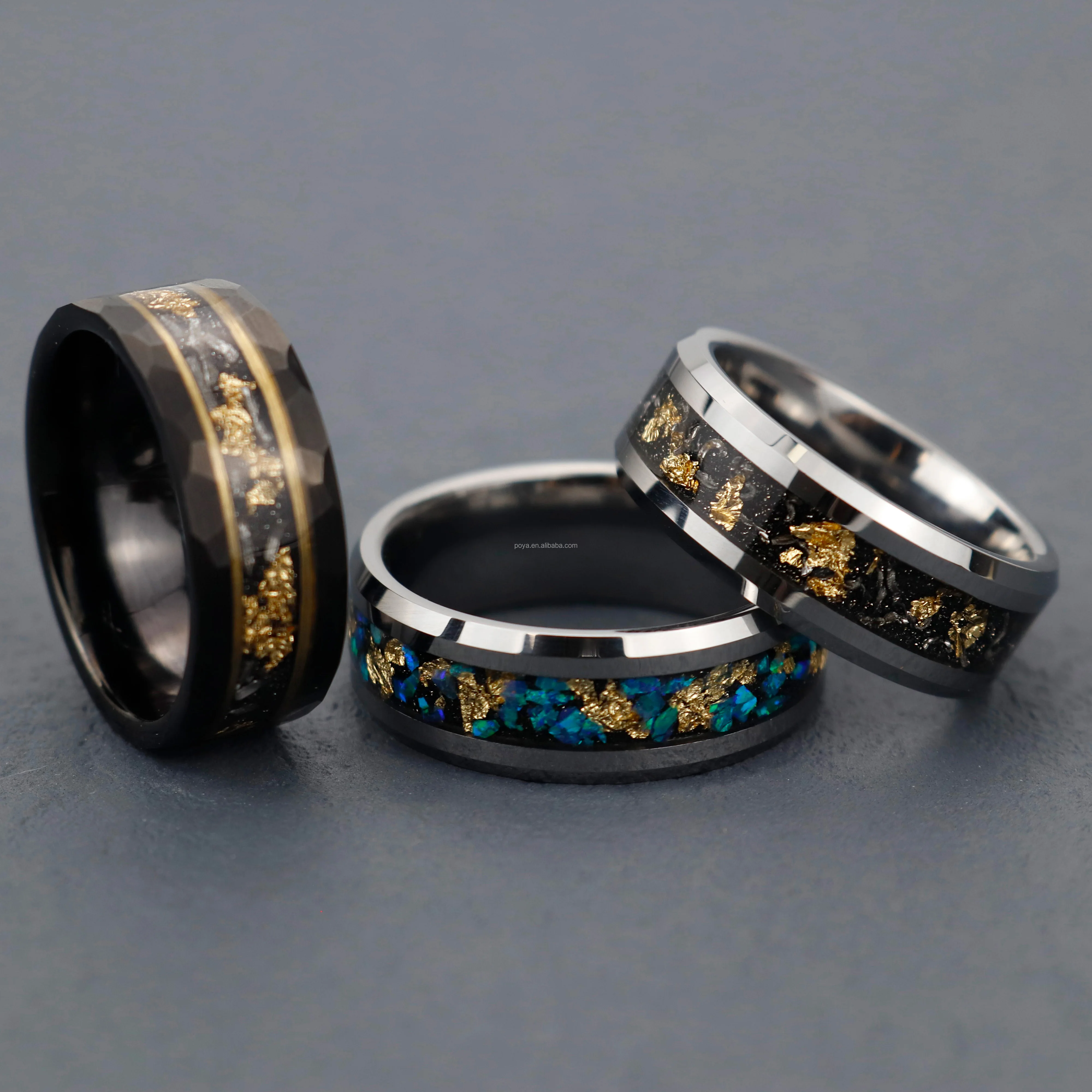Poya Jewelry Fashion Polished Gold Leaf Blue Opal Sand Stone Men Wedding Ring Inlay Silver Color Tungsten Rings