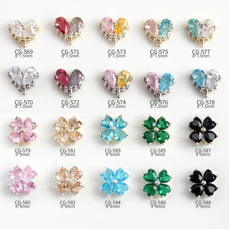 Luxury Nail Art Charm Cubic Zircon Nail Drill Colorful Pink Crystal Clover Flower Love Heart Key Nail Sticker Fingernail Jewelry