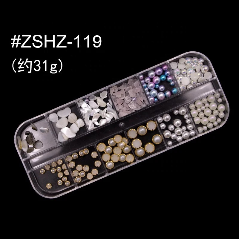New  12 Grid Long Strip Box  Crystal Nail Art Mixed Shape Metal/pearl/shell Mixed color DIY Nail Art 3D Decoration