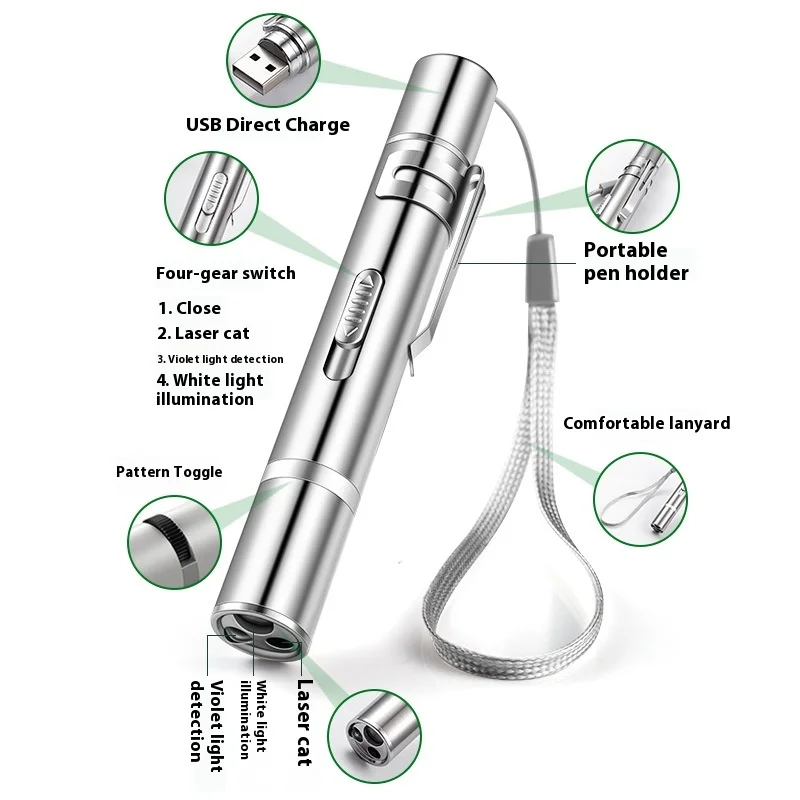 7in1 Multi-Pattern Switchable Laser Pointer Funny Cat Flashlight Stainless Steel Silver Infrared Purple Light White Plastic