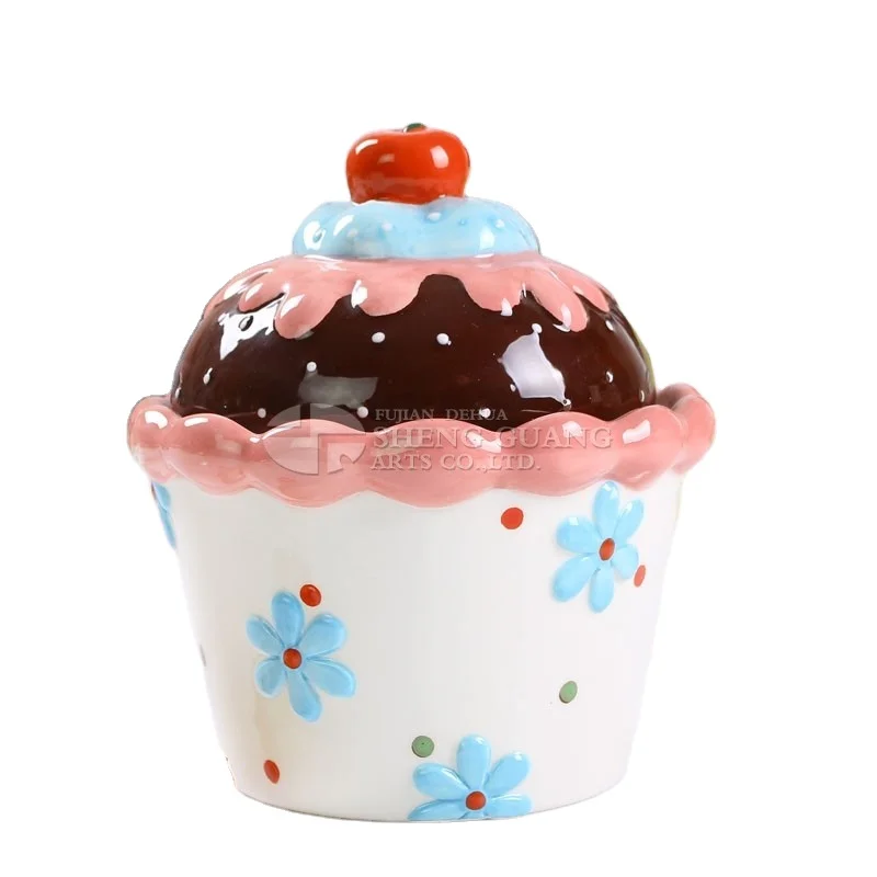Ceramic Sugar Pot with cake shape designed dolomite painting canister cookie jar