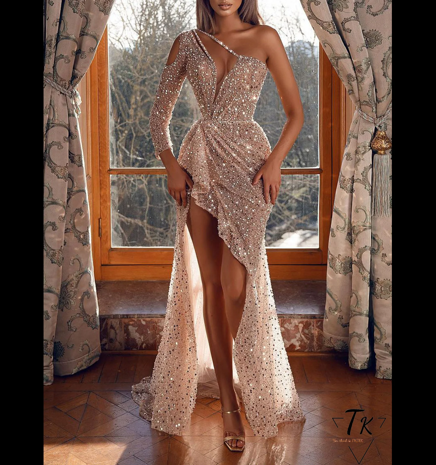 Think 2023 New Arrivals Lady Luxury Single Shoulder Elegant Dresses Women Irregular Designer Evening Teal Sequin Fashion Dress