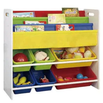 Wholesale Safe Baby Children Bookshelf Book Storage Shelves Kids Toy Organizer with Plastic Bins, toy organizer with book shelf