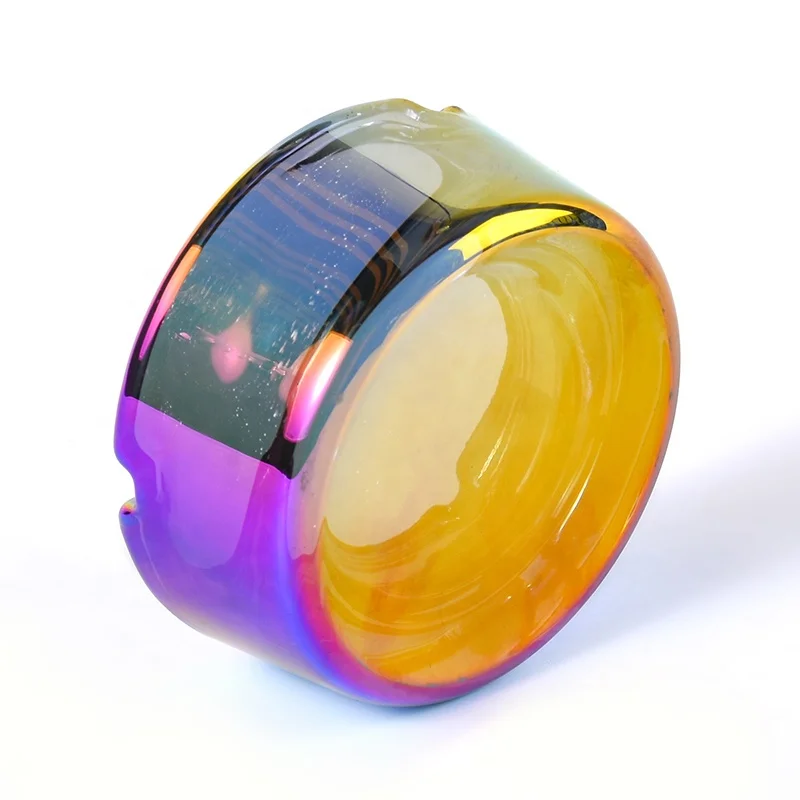 WOWO TECH Wholesale Fashion Design Round Pocket Glass Cigar Ashtray Electroplated Rainbow 85mm Custom LOGO Glass Ashtray