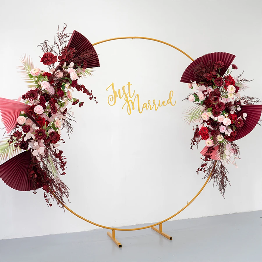 Chinese Style Round Arch with Red Bow Decorative Flowers Wreaths and Plants for Wedding