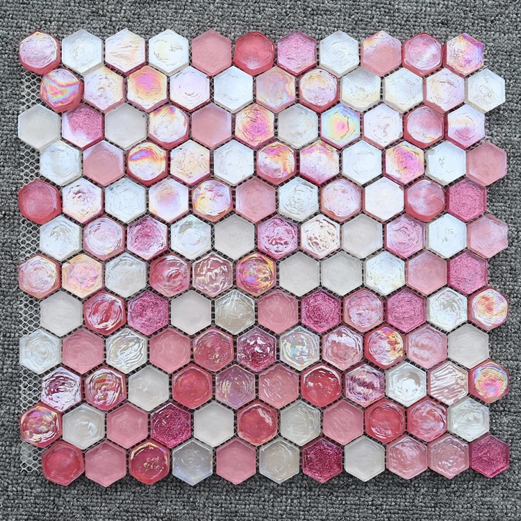 Bathroom Iridescent Pink Color Wall Hexagon Glass Mosaic Tiles Sheet