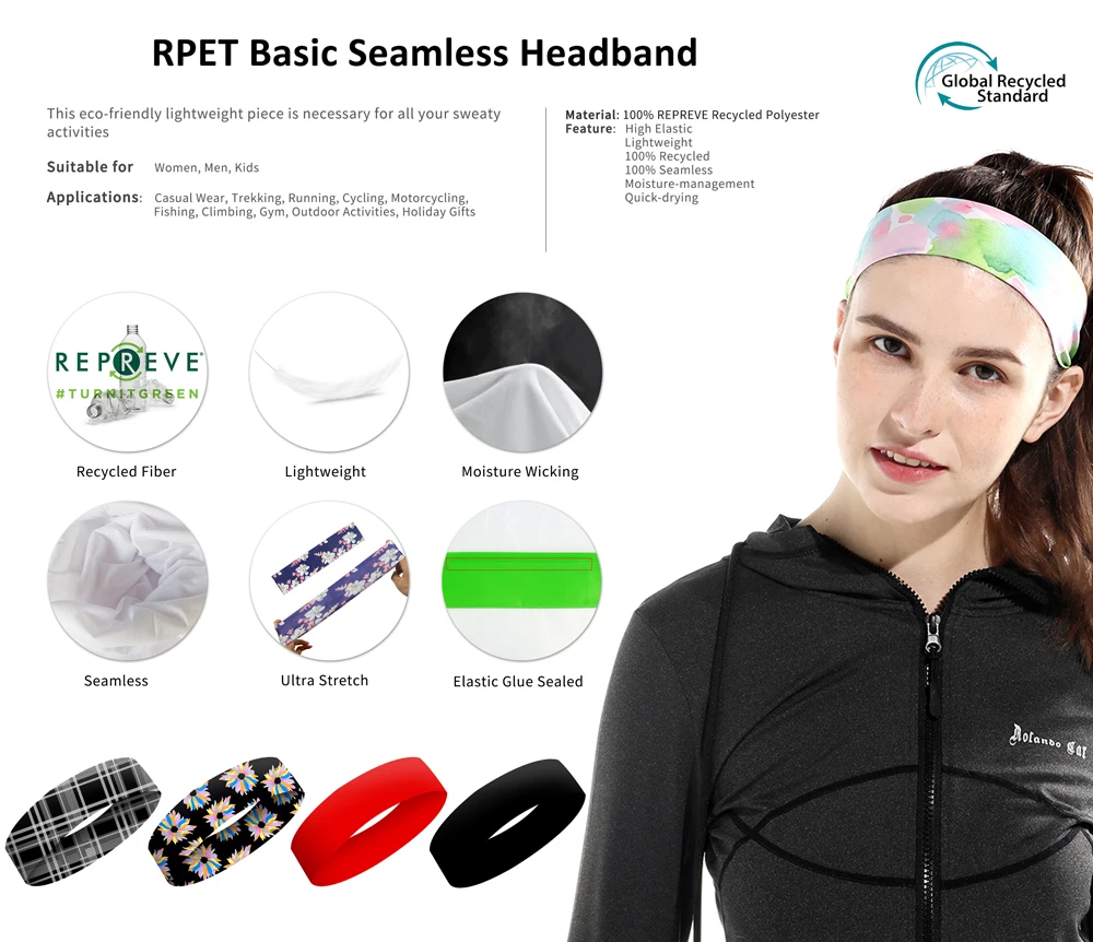 Custom Design Logo RPET Polyester Microfiber Elastic Headband Stretch Yoga Sports Sweatband Headband