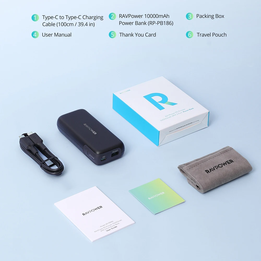 RAVPower Latest 10000 mAh 20W black powerbank mini power bank portable charger 10000mah USB+PD power bank with cable