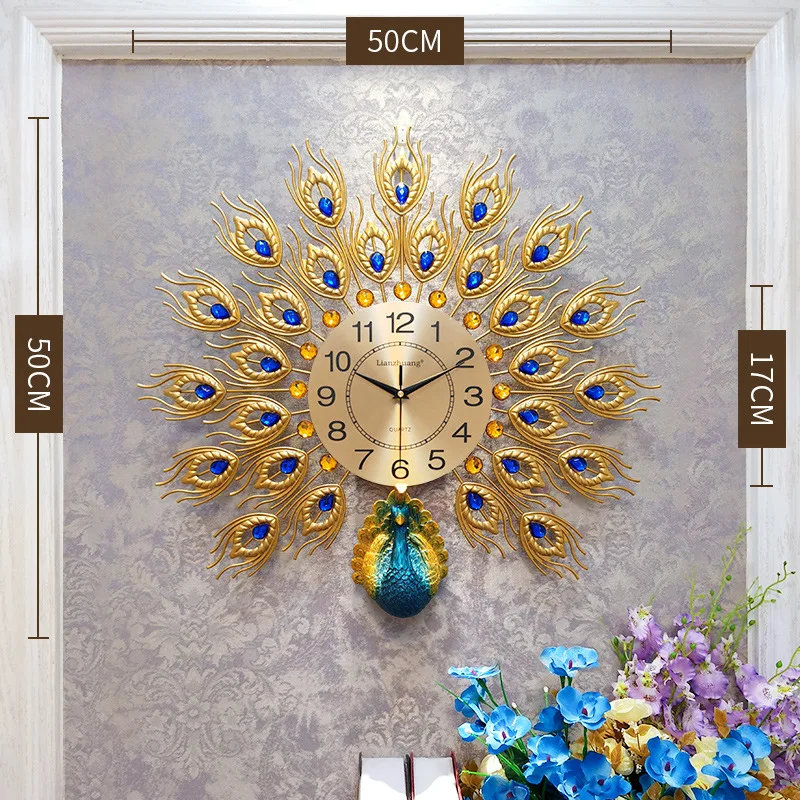 hot selling wall clock with peacock feathers big metal wall clock for office room decoration