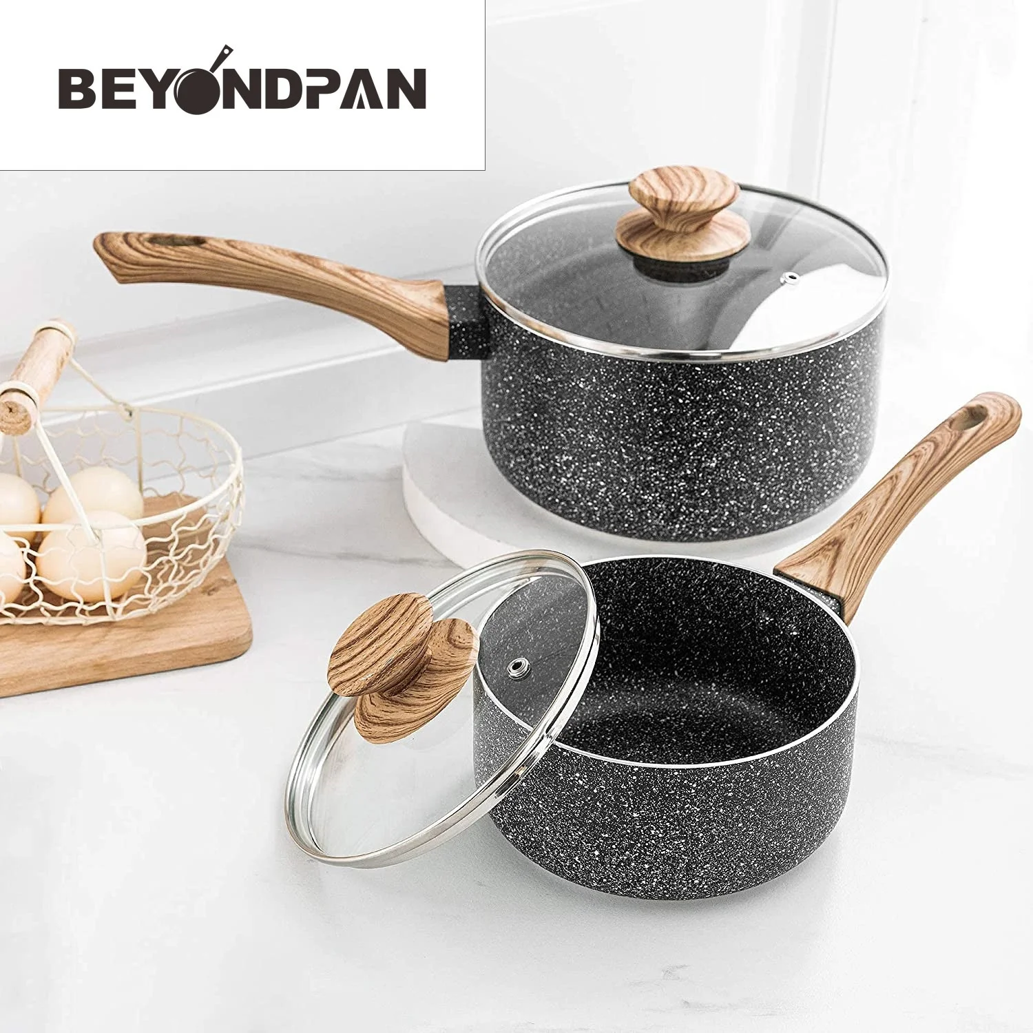 Сковорода для соуса с прессованным алюминиевым мраморным покрытием с деревянной ручкой