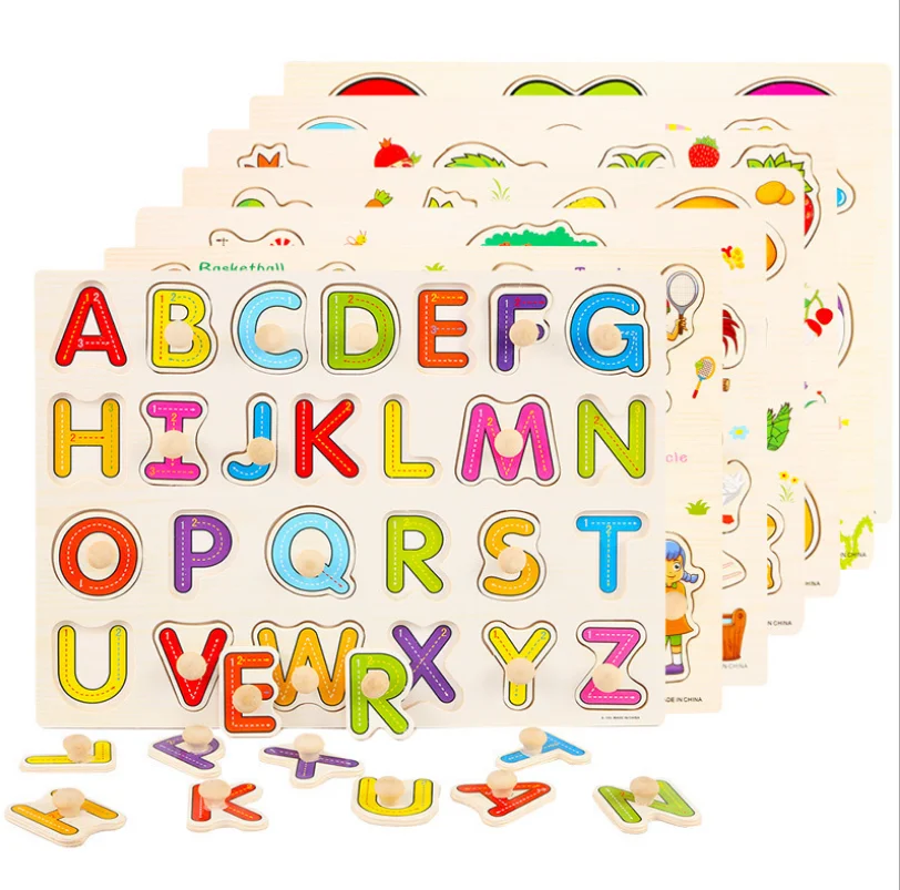 Montessori Wooden Puzzles Hand Grab Boards Toys Tangram Jigsaw peg puzzle Baby Educational Toys Cartoon Vehicle Animals Fruits
