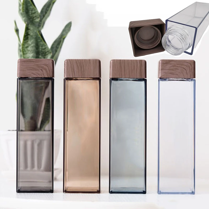 Wholesale 500ML promotion gift square lid plastic juice water bottle, bamboo lid water bottle