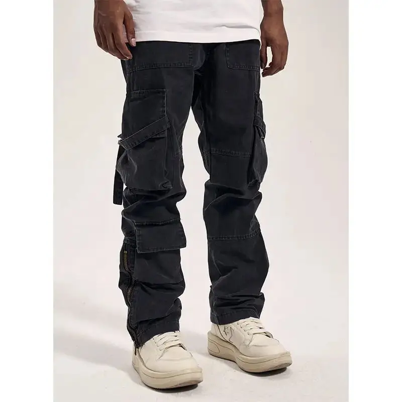Custom Design Pants Men Contrast Stitching Hip Hop Oversized Patch Pocket Cargo Trousers Street Cotton Sweat Men Pants