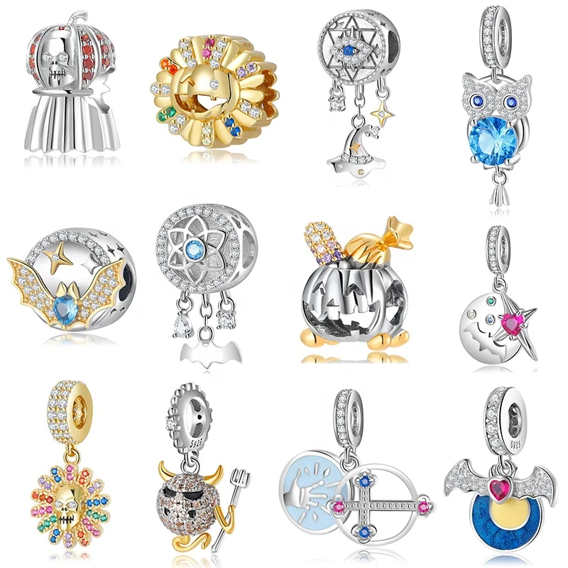 Halloween Themed Pendants Charms Evil Pumpkin Bat Skull 925 Silver Fine Pendant Fit Original Bracelet Jewelry custom logo Charm