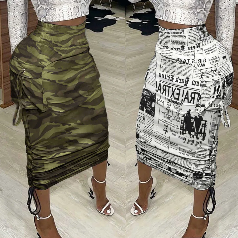 2023 Fashion Women Elegant Long Dress Tassels High Waist newspaper Printed Ladies Tassel  lacing wrap skirt Midi Skirt