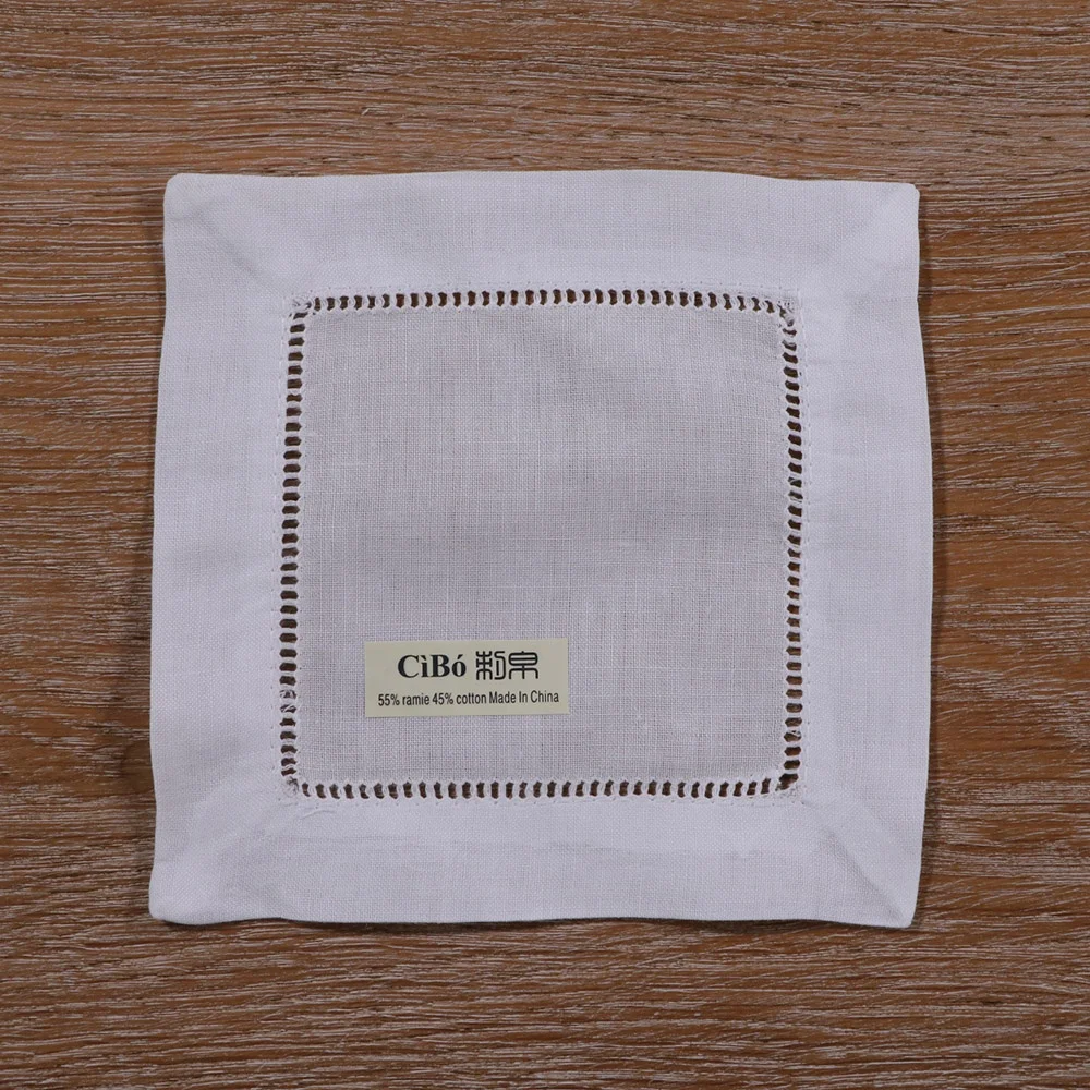 
N030-6:White Ramie/Cotton Hemstitched Cocktail Napkins- 6