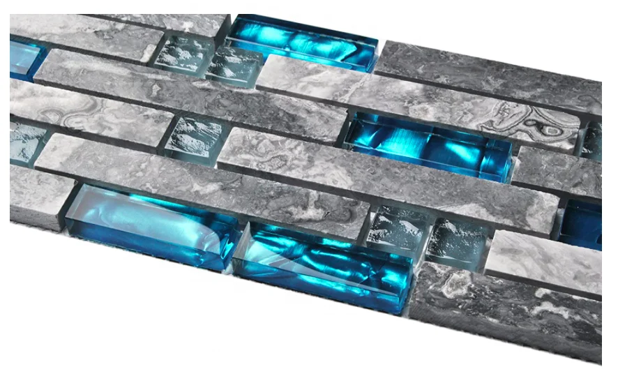 DS Polished Gray Marble and Teal Blue glass mosaics Random Interlocking tiles Kitchen Bathroom designed by