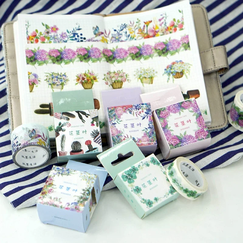 Flower stems and leaves and paper tape single boxed small fresh flowers ledger diary periphery DIY decoration can tear stickers