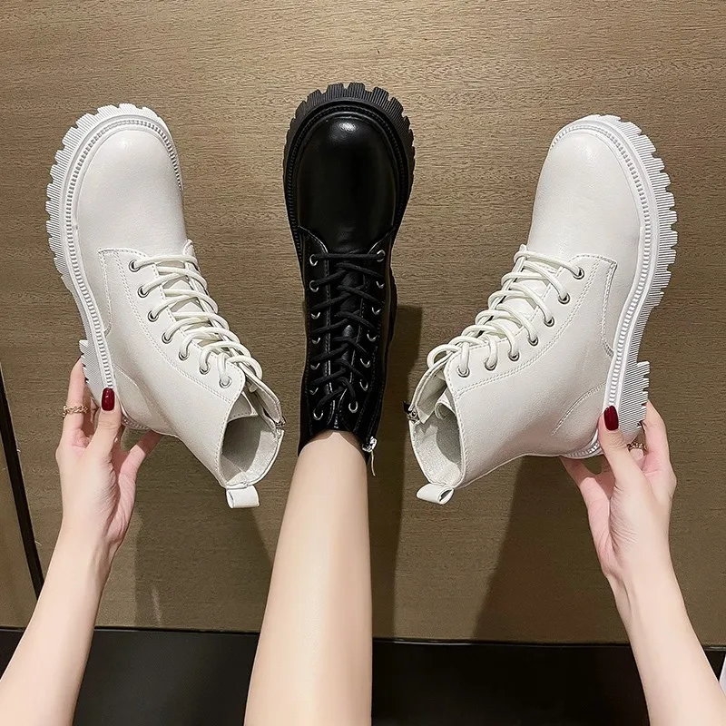 2022 Womens Combat Boots White PU Leather Motorcycle Boot Punk Gothic Shoes Fashion Lace Up Black Ankle Boots Female Shoes