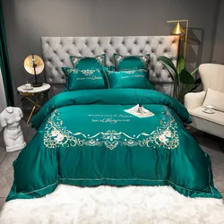 High-end Luxury European-style Pure Cotton Silk Embroidered Cotton Bedsheet Comforter Cover Bed Skirt 4pcs Bedding Set