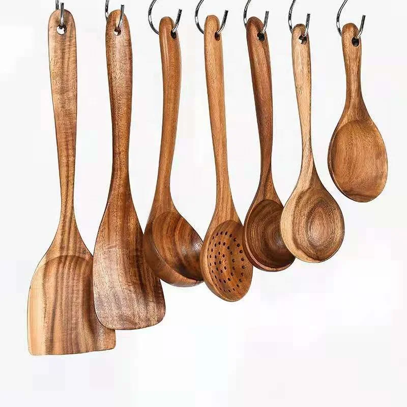 Nonstick Kitchen 8Pcs Wooden Cooking Utensils Set Teak Wooden Spoons For Cooking