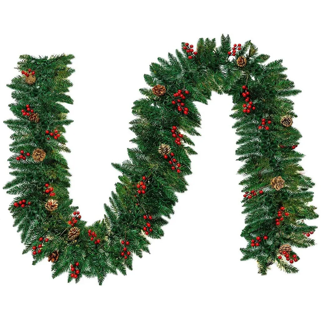 Cheap Pre-lit warm lights PVC Christmas garland with pine cones, berries