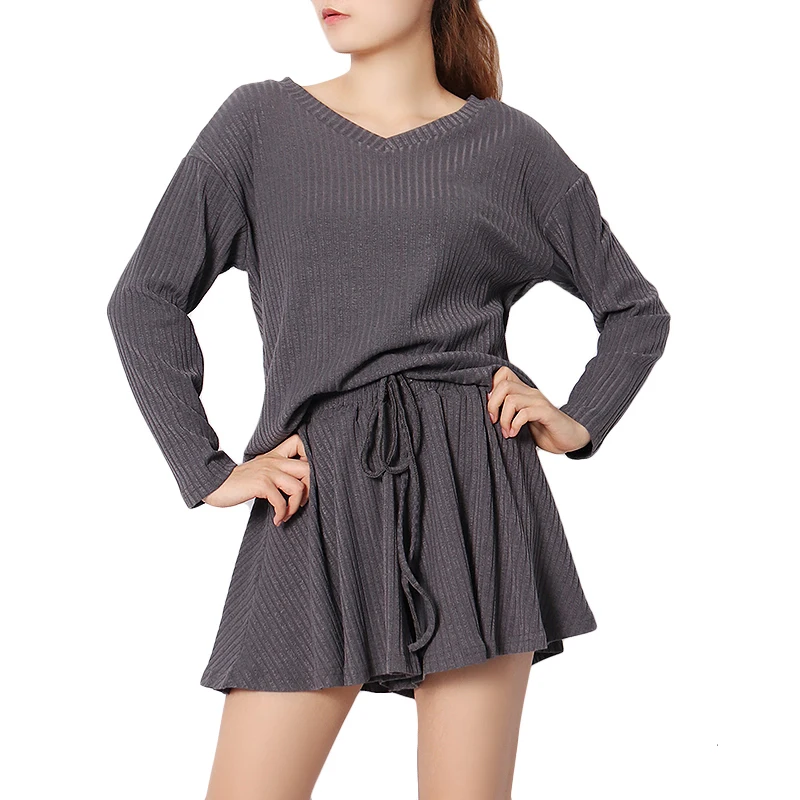 ONEINALL V Neck Long Sleeve T Shirt High Waist Wide Leg Short Loose Sets Female 2021