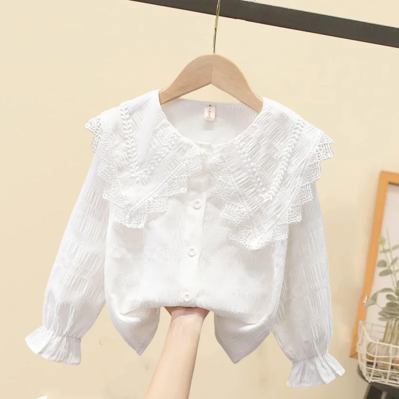 Kindergarten children autumn white long sleeve blouse girls lace neck princess shirt school uniform blouse
