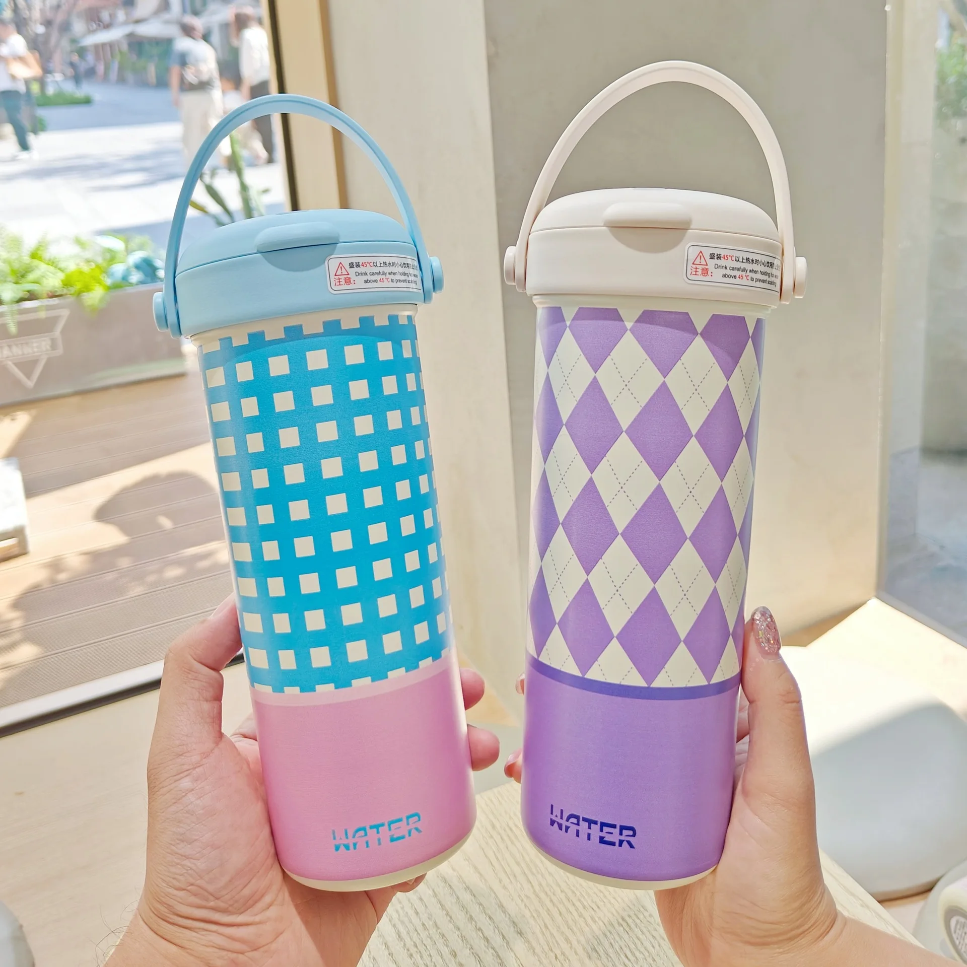 Seaygift Double drink flower tea cup plaid design vacuum insulated flask water bottle new thermal coffee tumbler mug