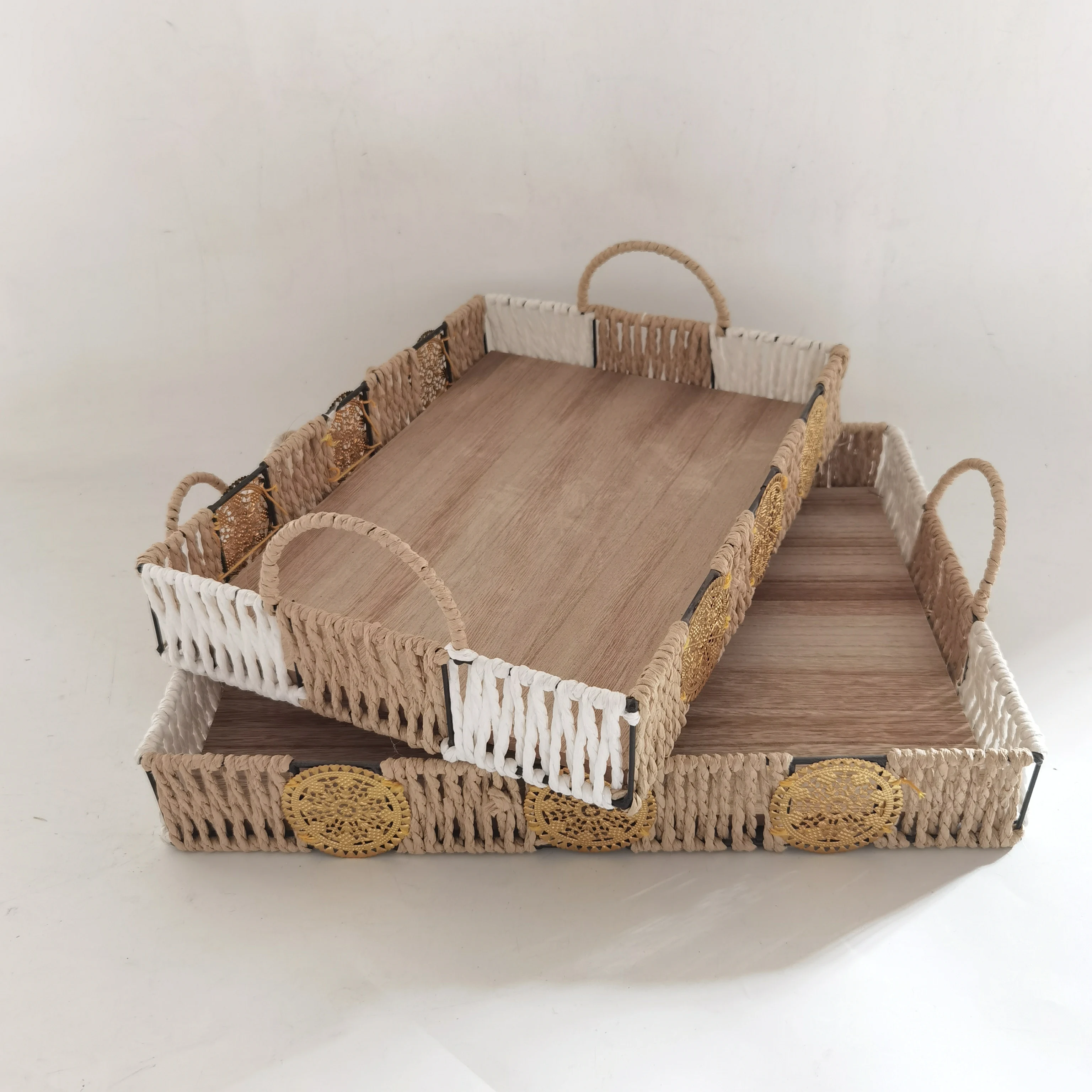 Gold fittings woven desktop wooden basket storage tray for home decoration