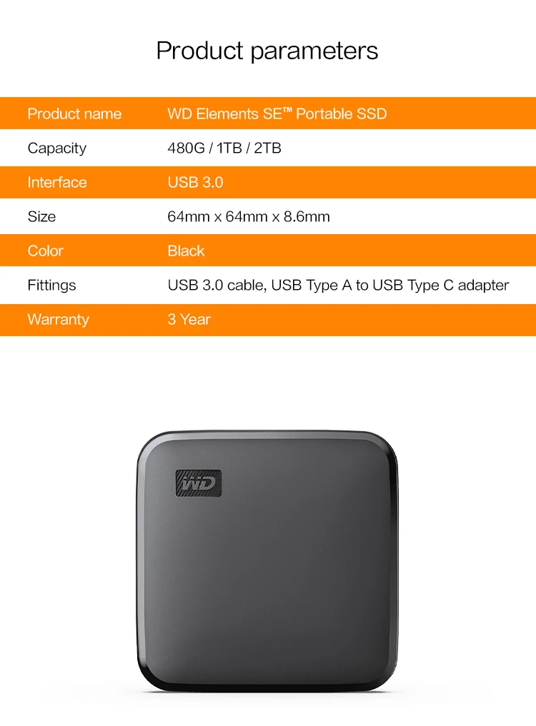 Original WDs SSD 2TB Portable Hard Disk USB 3.0 Cable External SSD 1TB 480GB  Hard Drive High speed up to 400MB/s Elements SE