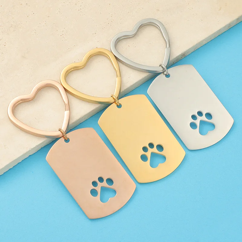 Custom LOGO Laser Engraved Blank Love keychain Key Ring Pendant Stainless Steel Hollow Dog Paws Metal Keychain Charm Accessories