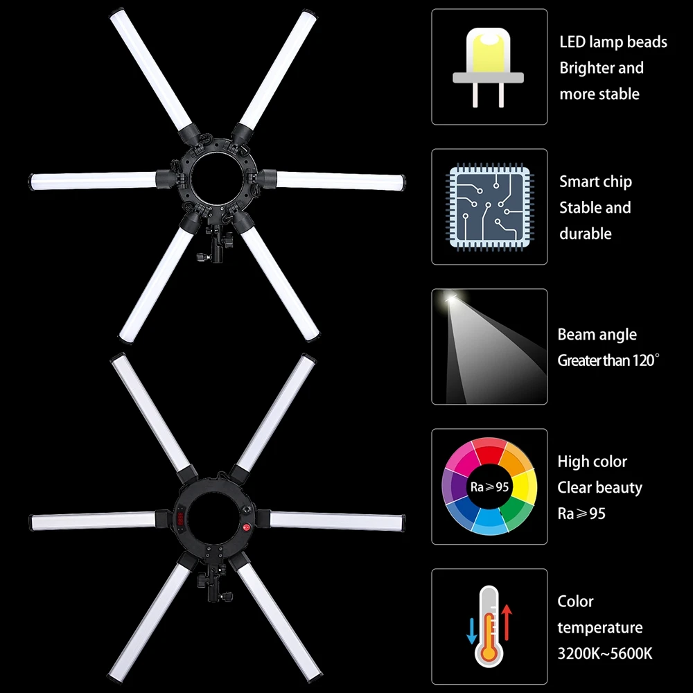 FOSOTO FT-06 336LED 120W  Dimmable Led Selfie 6 Tubes Photographic Ring Light For Make Up