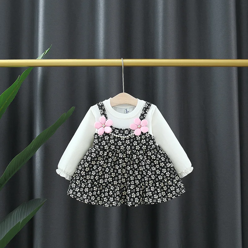 floral skirt for girls baby fall dress long Sleeve solid patchwork suspender with flower and pearls