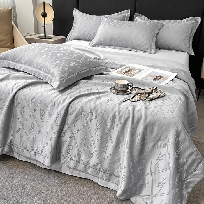 Luxury Brand Washed Tencel Quilt Sets for Summer Solid Silk-like Letter Striped Bedding Quilts King Queen Size 4-in-1