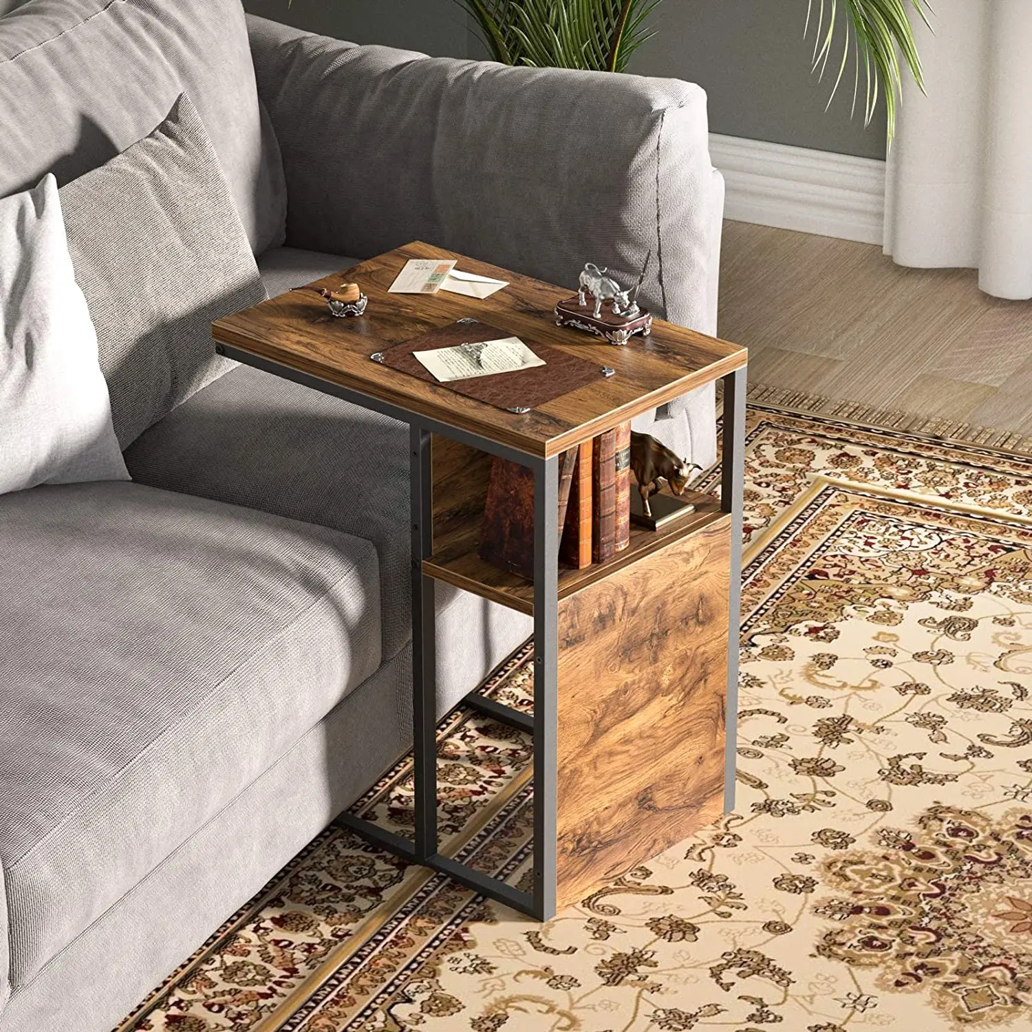 Wood Desk Nightstand Organizer C-Shaped Reversible Side Table Nightstand Bedside Table with Wooden Shelf Snack