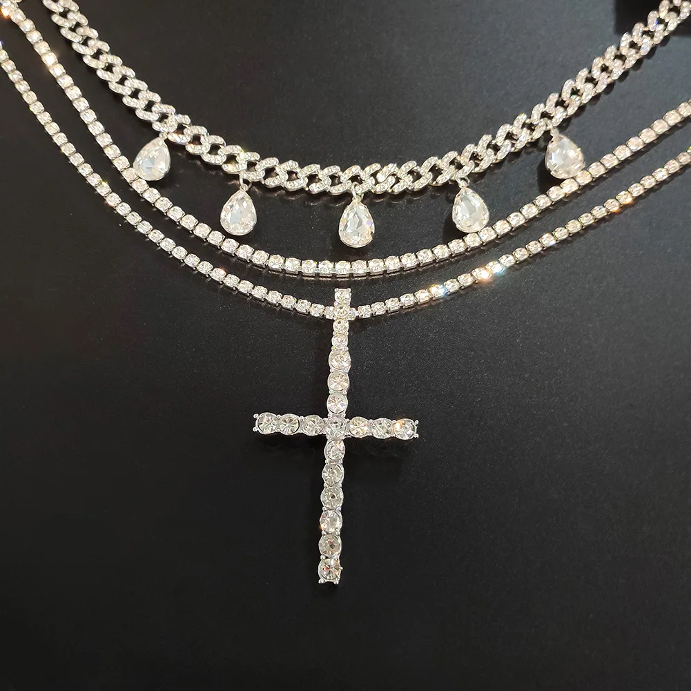 Fashionable Blilng Full Rhinestones Cross Pendant Multilayer Necklace For Women Iced Out Tennis Cuban Link Chain Hip Hop Jewelry