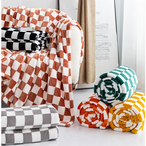 Modern simple check blanket custom logo multi-color soft through machine washable reversible gas flannel cover blanket