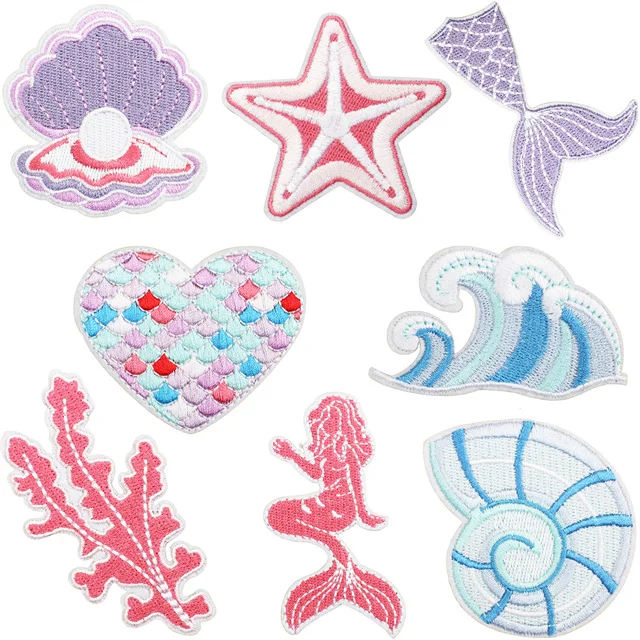cute cartoon ocean theme iron on sewing on  embroidered mermaid tail seashell conch shell starfish patches