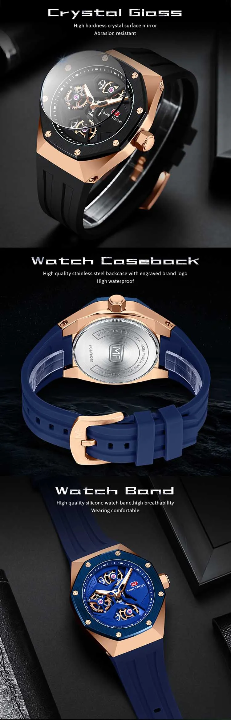 Mini Focus MF0422G Wholesale Blue Gents Quartz Watch Stylish Silicone Band Water Proof Skeleton Vintage Casual Wrist Watch