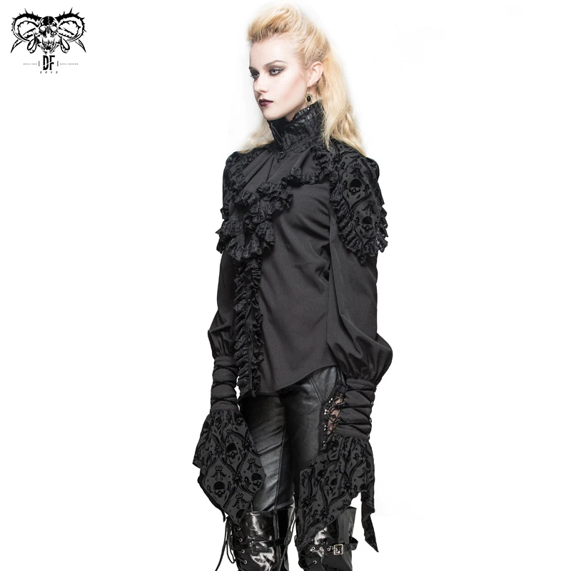 SHT011 Devil fashion shrunk high collar sharp cuff gothic women skull pattern printing chiffon blouse