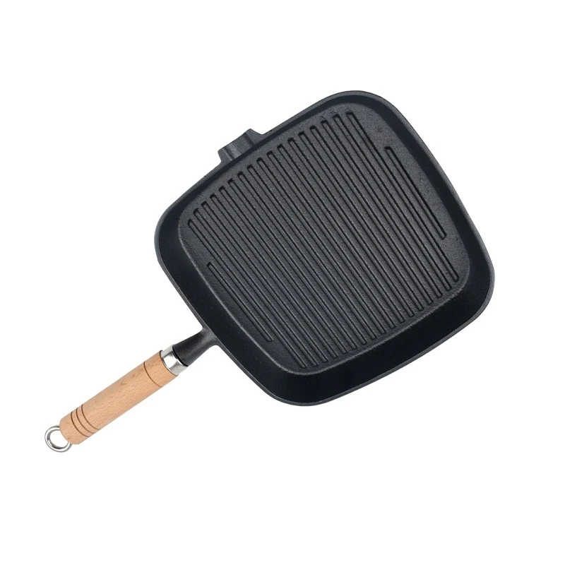 Non stick Steak Cast Iron Fry Pan Light Weight Frying Pan Cast Iron Grill Pan With Wooden Handle