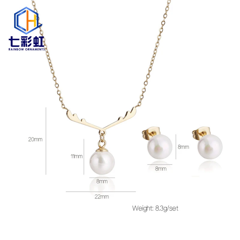 Pearl Gold Plated Stainless Steel Wedding Necklace And Earrings Jewelry Set For Women