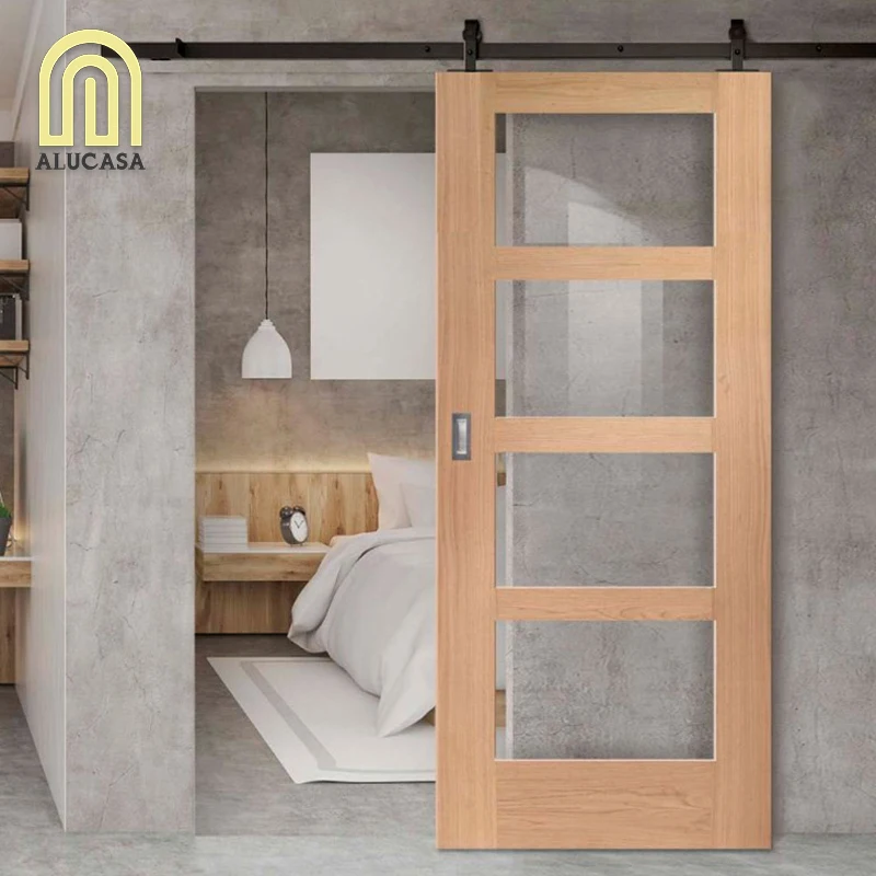 Alucasa Modern Home Interior Mirrored Three Barn Doors Design Triple Hung Flush Wooden Glass Veneer Door For Bathroom