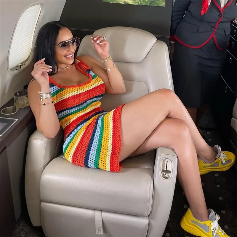 Night Club Party Fashion Multicolor Mini Dress For Women Casual Rainbow Color Dress Hand Knit Crochet Dress