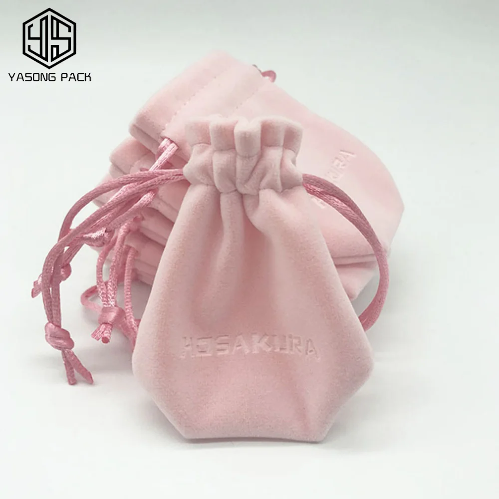 
Baby Pink Drawstring Custom Printed Logo Jewelry Pouch Mini Silk Velvet Jewelry Bag Flap Small Jewellery Necklace Ring Pouch 