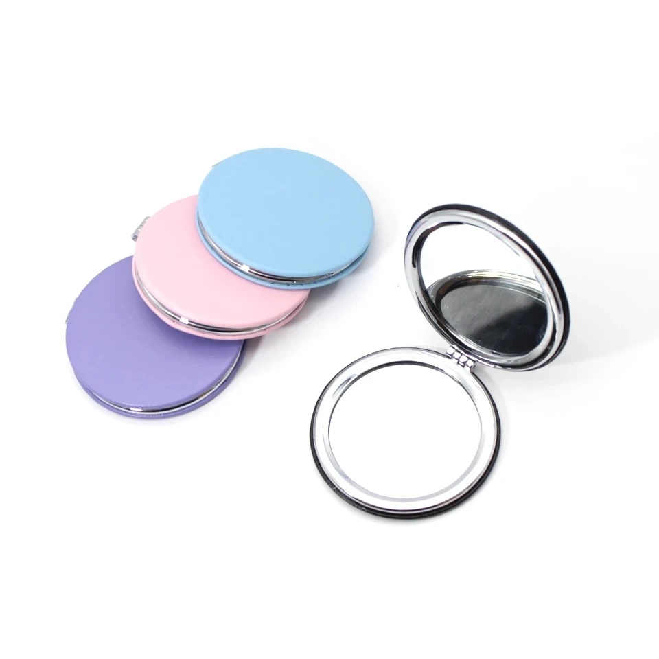 New Customized Logo Double Side Round Square Pink PU Leather Pocket Mirror Compact Portable Folding Cosmetic Mirror